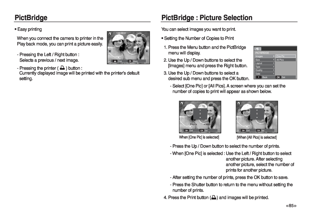 Samsung EC-L730ZBDD/AS, EC-L830ZR01KFR, EC-L830ZBBA/E1, EC-P83ZZSBA/FR manual PictBridge Picture Selection, Easy printing 