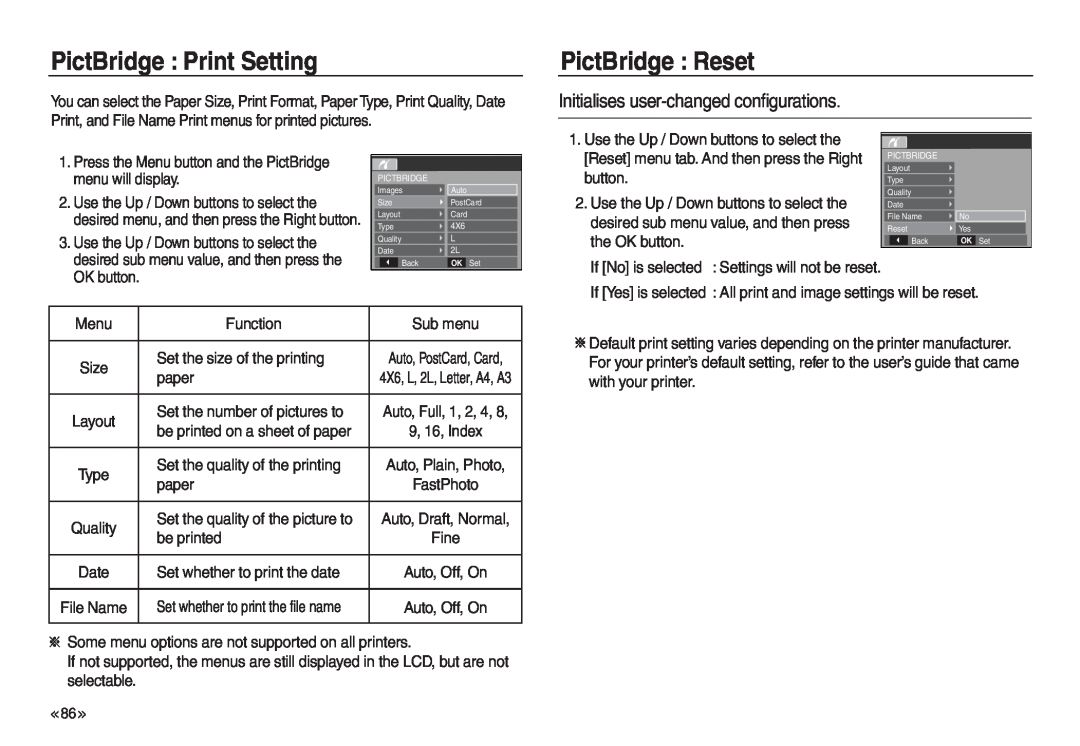 Samsung EC-L730ZRBA/SP, EC-L830ZR01KFR PictBridge Print Setting, PictBridge Reset, Initialises user-changed configurations 