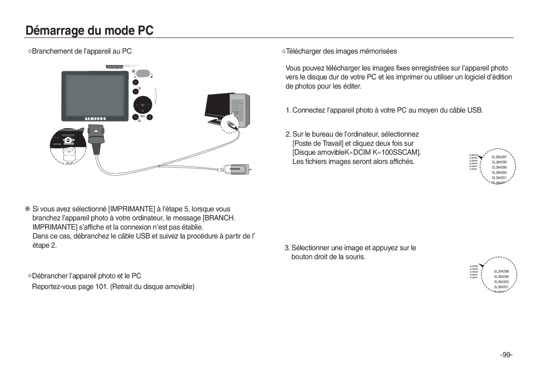 Samsung EC-L730S02KFR, EC-L830ZR01KFR, EC-L830ZBBA/E1, EC-P83ZZSBA/FR, EC-L830ZRDA/E3 manual Branchement de l’appareil au PC 