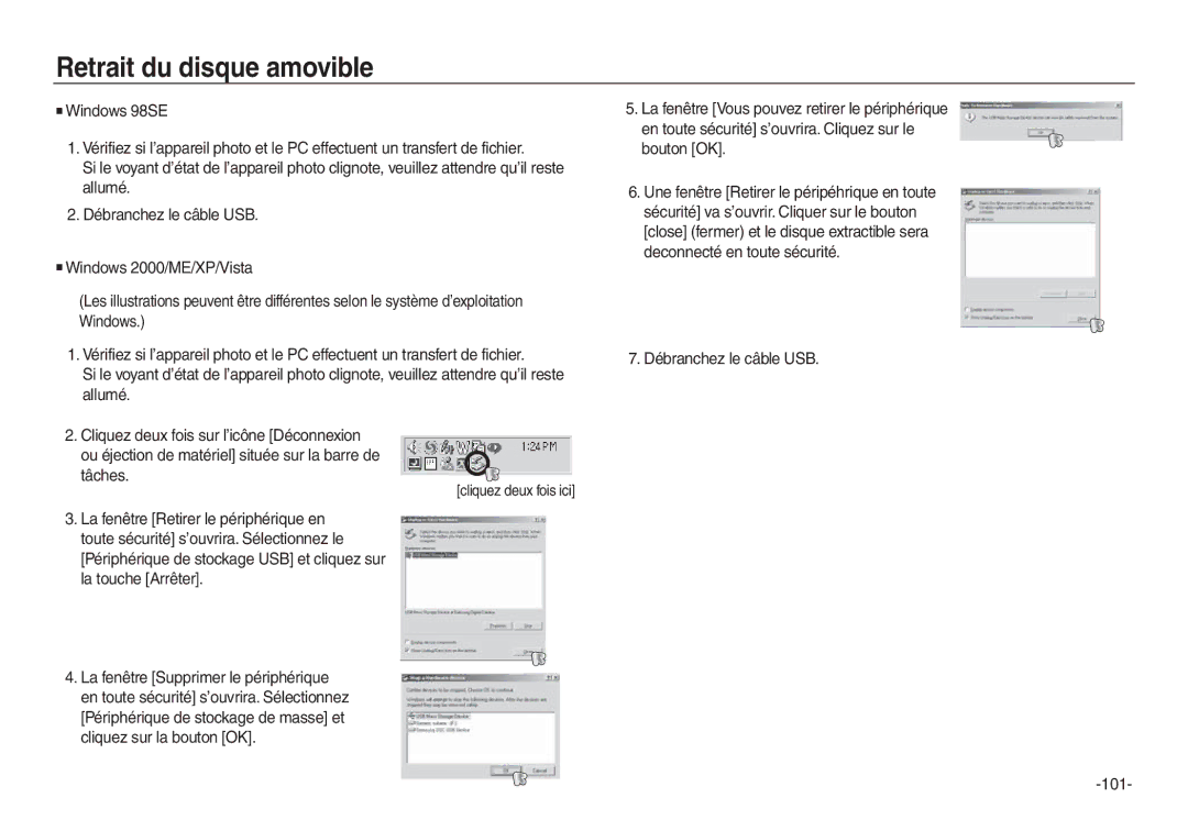 Samsung EC-L830ZSBA/E1, EC-L830ZR01KFR, EC-L830ZBBA/E1 manual Retrait du disque amovible, Débranchez le câble USB 101 