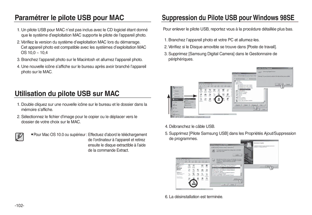 Samsung EC-L830ZSDA/E3, EC-L830ZR01KFR manual Paramétrer le pilote USB pour MAC, Utilisation du pilote USB sur MAC, 102 