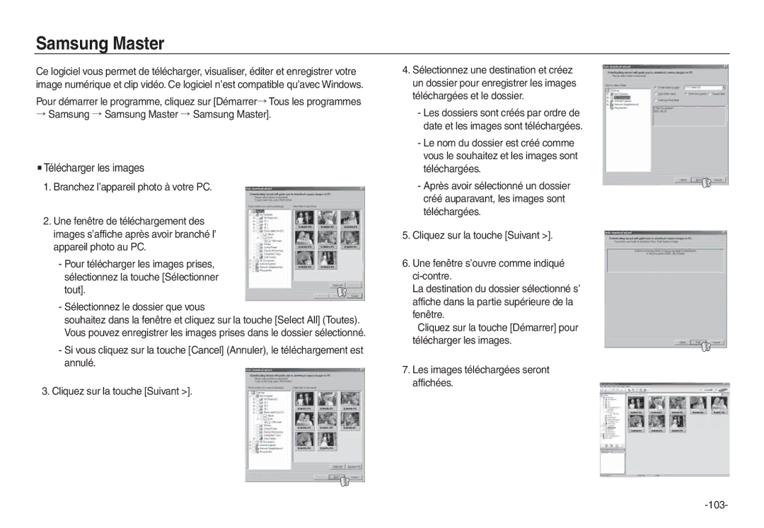 Samsung EC-L730ZRDA/E3, EC-L830ZR01KFR manual Samsung Master, Télécharger les images, Branchez l’appareil photo à votre PC 