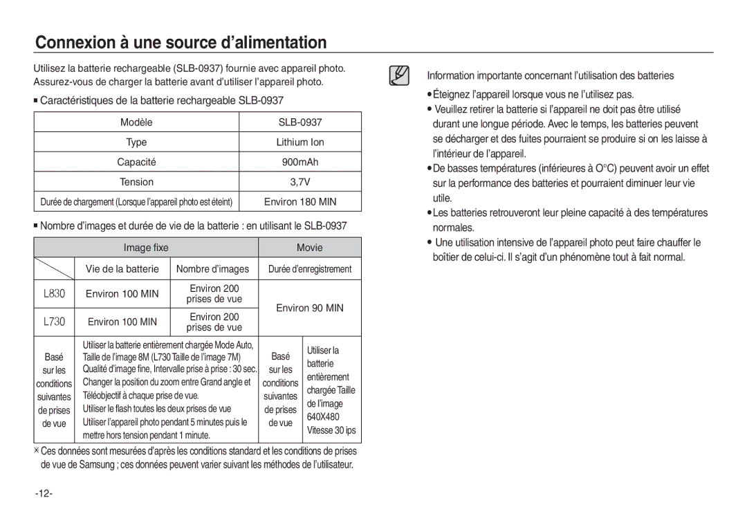 Samsung EC-L730ZRBA/E1 manual Connexion à une source d’alimentation, Caractéristiques de la batterie rechargeable SLB-0937 