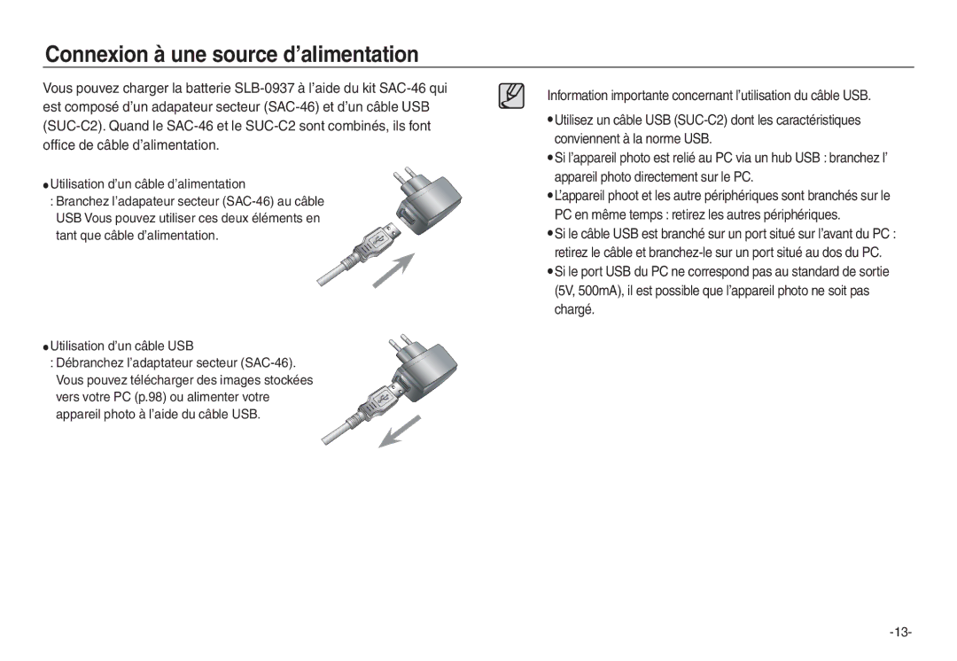 Samsung EC-L730ZBDA/E3, EC-L830ZR01KFR, EC-L830ZBBA/E1, EC-P83ZZSBA/FR, EC-L830ZRDA/E3 Connexion à une source d’alimentation 