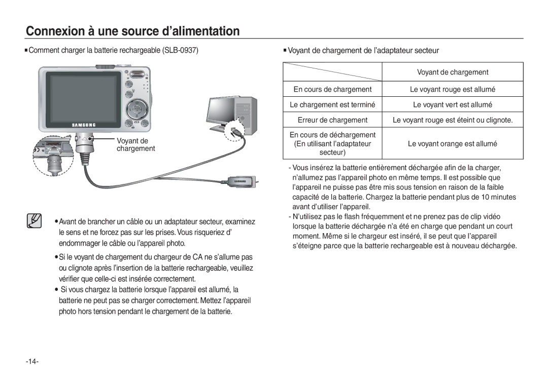 Samsung EC-L830ZRBA/E2 Comment charger la batterie rechargeable SLB-0937, Voyant de chargement de l’adaptateur secteur 