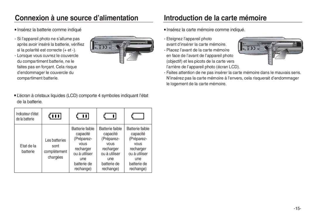 Samsung EC-L730ZBBA/E1, EC-L830ZR01KFR Introduction de la carte mémoire, Insérez la batterie comme indiqué, De la batterie 