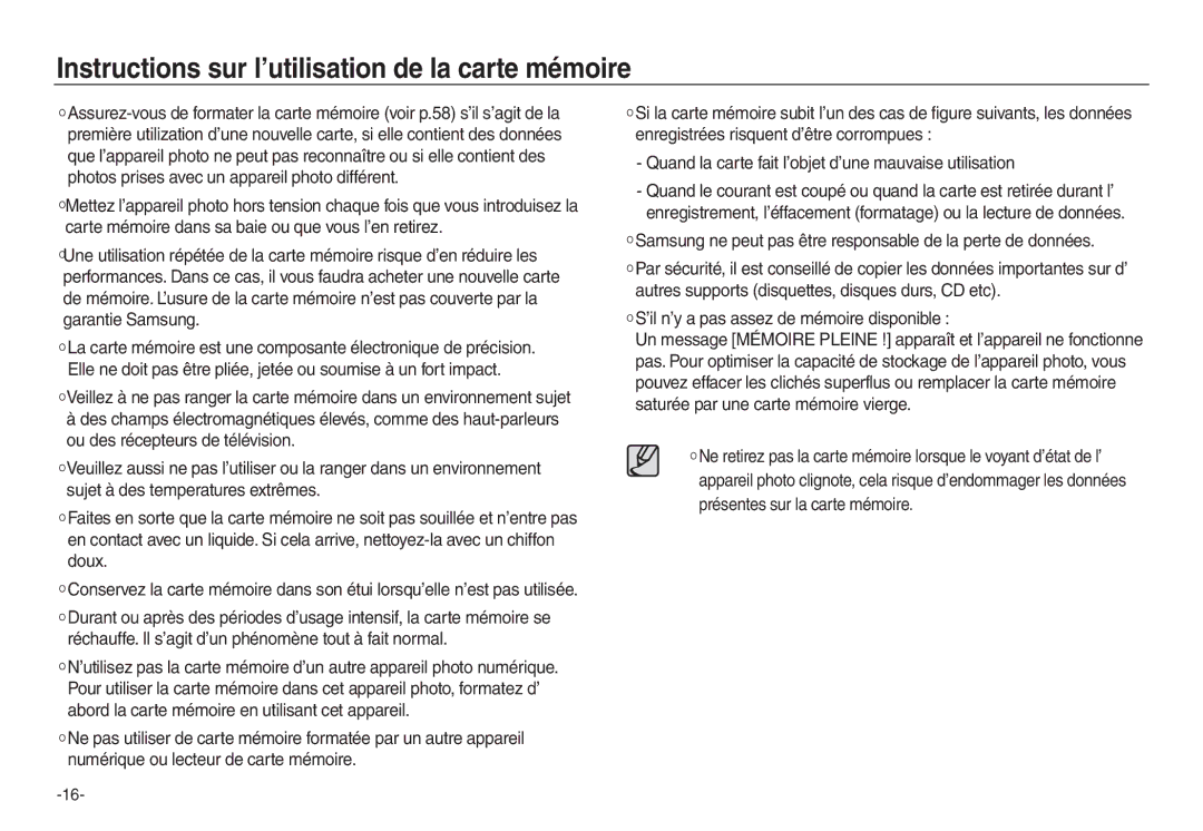 Samsung EC-L730ZRBA/E2 manual Instructions sur l’utilisation de la carte mémoire, ’il n’y a pas assez de mémoire disponible 