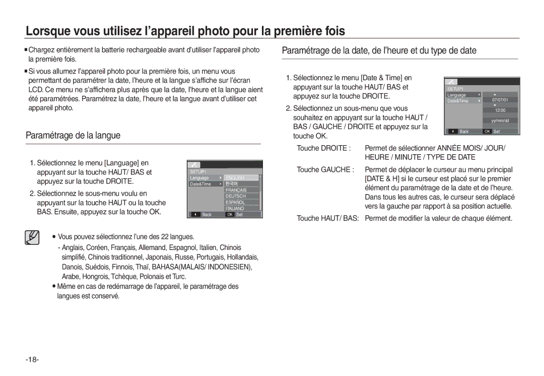 Samsung EC-L730ZSBA/E1, EC-L830ZR01KFR Paramétrage de la date, de l’heure et du type de date, Paramétrage de la langue 