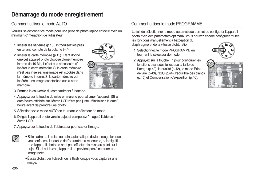 Samsung EC-L830ZSBA/E2 Démarrage du mode enregistrement, Comment utiliser le mode Auto, Comment utiliser le mode Programme 