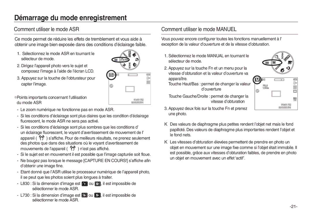 Samsung EC-L830ZBBA/E2, EC-L830ZR01KFR, EC-L830ZBBA/E1 manual Comment utiliser le mode ASR, Comment utiliser le mode Manuel 