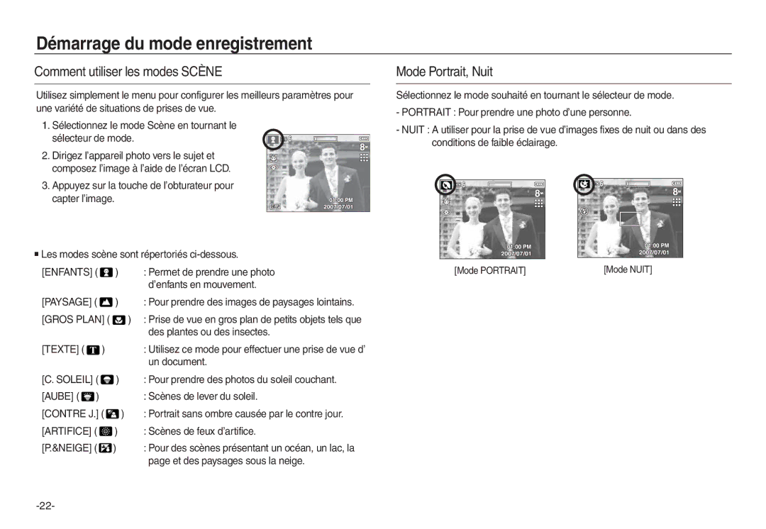 Samsung EC-L830ZR01KFR, EC-L830ZBBA/E1, EC-P83ZZSBA/FR Comment utiliser les modes Scène, Mode Portrait, Nuit, Un document 