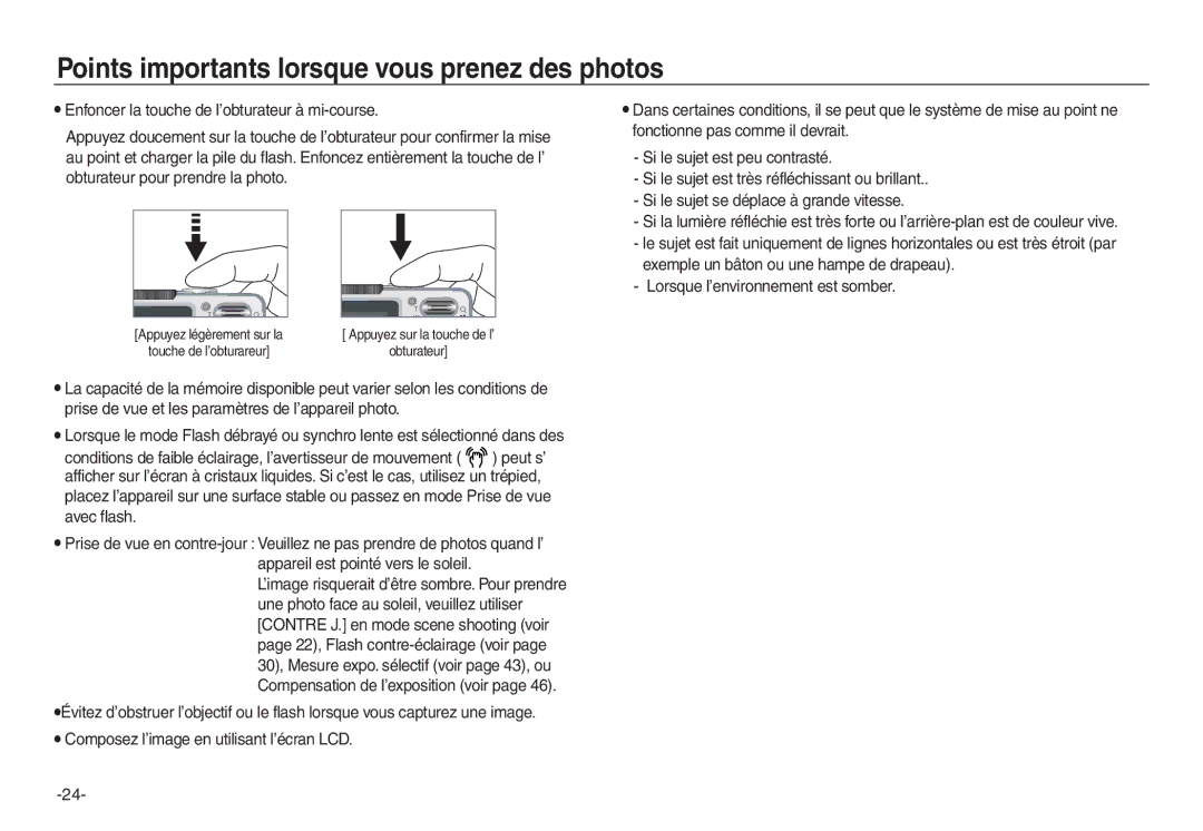 Samsung EC-P83ZZSBA/FR, EC-L830ZR01KFR, EC-L830ZBBA/E1, EC-L830ZRDA/E3 manual Points importants lorsque vous prenez des photos 