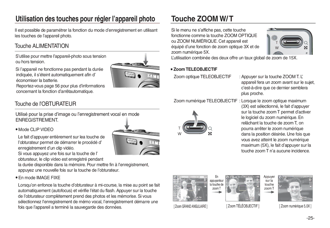 Samsung EC-L830ZRDA/E3, EC-L830ZR01KFR, EC-L830ZBBA/E1 manual Touche Zoom W/ T, Touche Alimentation, Touche de l’OBTURATEUR 