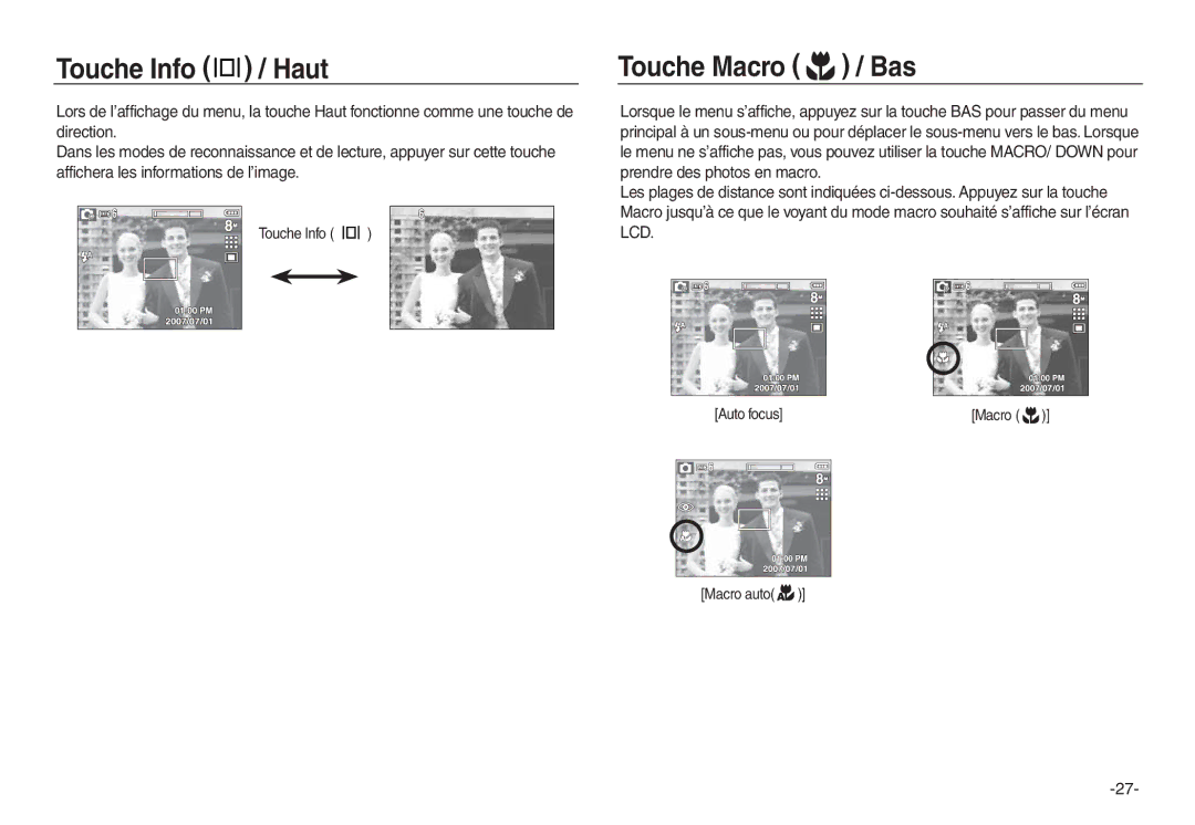 Samsung EC-L730ZSDA/E3, EC-L830ZR01KFR, EC-L830ZBBA/E1, EC-P83ZZSBA/FR Touche Info / Haut, Touche Macro / Bas, Macro auto 