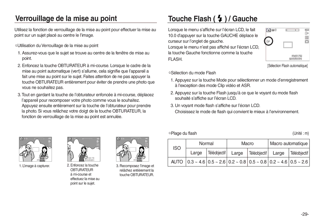 Samsung EC-L730ZBBA/E2, EC-L830ZR01KFR manual Verrouillage de la mise au point, Touche Flash / Gauche, Normal Macro, Large 