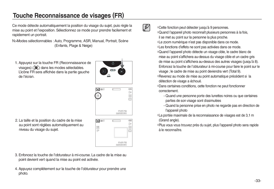 Samsung EC-L830ZSDA/E3, EC-L830ZR01KFR, EC-L830ZBBA/E1, EC-P83ZZSBA/FR, EC-L830ZRDA/E3 Touche Reconnaissance de visages FR 