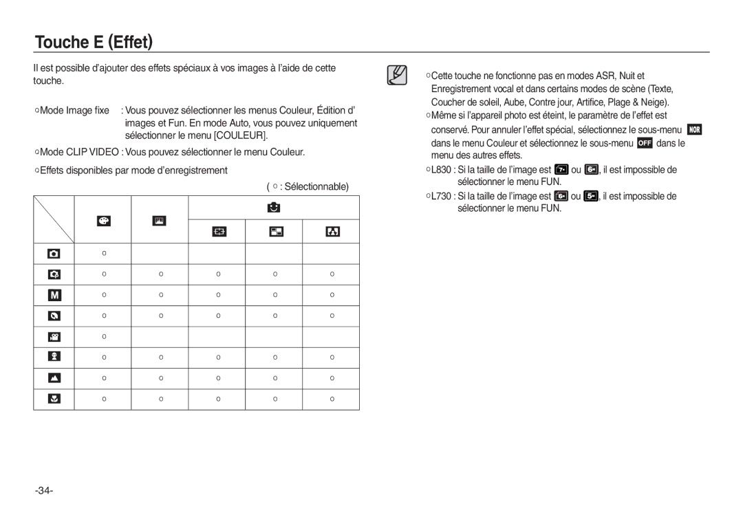 Samsung EC-L730ZRDA/E3, EC-L830ZR01KFR, EC-L830ZBBA/E1, EC-P83ZZSBA/FR, EC-L830ZRDA/E3, EC-L830ZRBA/E1 manual Touche E Effet 