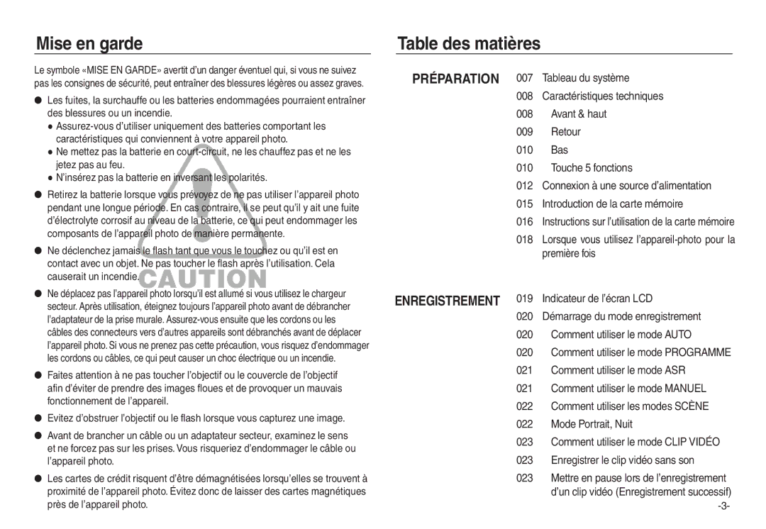 Samsung EC-L830ZRBA/E1, EC-L830ZR01KFR, EC-L730S02KFR Mise en garde, Table des matières, Comment utiliser le mode Programme 