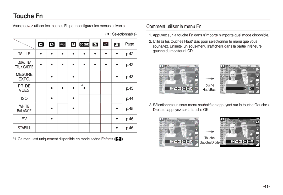 Samsung EC-L730ZSBA/E1, EC-L830ZR01KFR, EC-L830ZBBA/E1 manual Touche Fn, Comment utiliser le menu Fn, Mesure Expo, Vues 