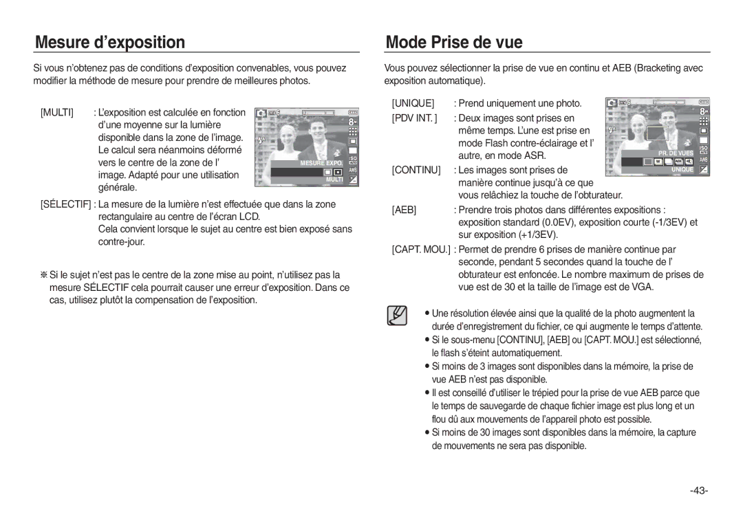 Samsung EC-L830ZSBA/E2, EC-L830ZR01KFR, EC-L830ZBBA/E1, EC-P83ZZSBA/FR, EC-L830ZRDA/E3 Mesure d’exposition, Mode Prise de vue 