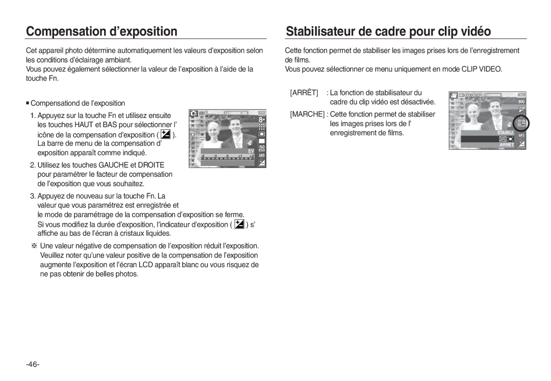 Samsung EC-L830ZBBA/E1, EC-L830ZR01KFR, EC-P83ZZSBA/FR Compensation d’exposition, Stabilisateur de cadre pour clip vidéo 