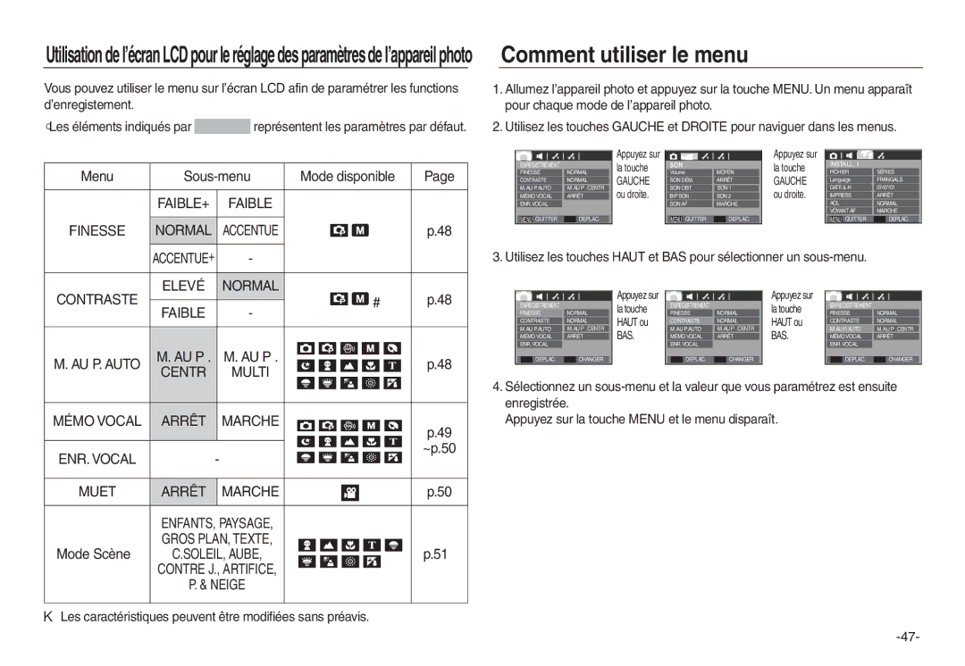 Samsung EC-P83ZZSBA/FR, EC-L830ZR01KFR manual Sous-menu Mode disponible, ~p.50, Finesse Normal, Elevé Normal, Mémo Vocal 