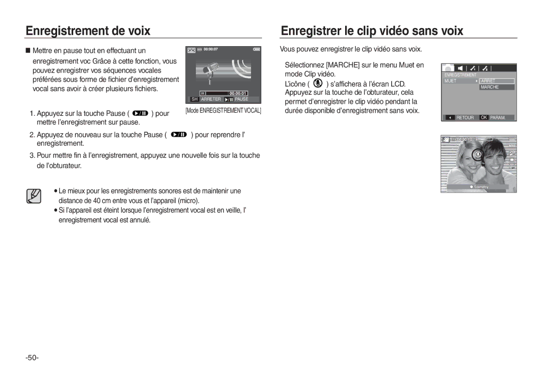 Samsung EC-L730ZSDA/E3, EC-L830ZR01KFR, EC-L830ZBBA/E1 manual Enregistrement de voix Enregistrer le clip vidéo sans voix 