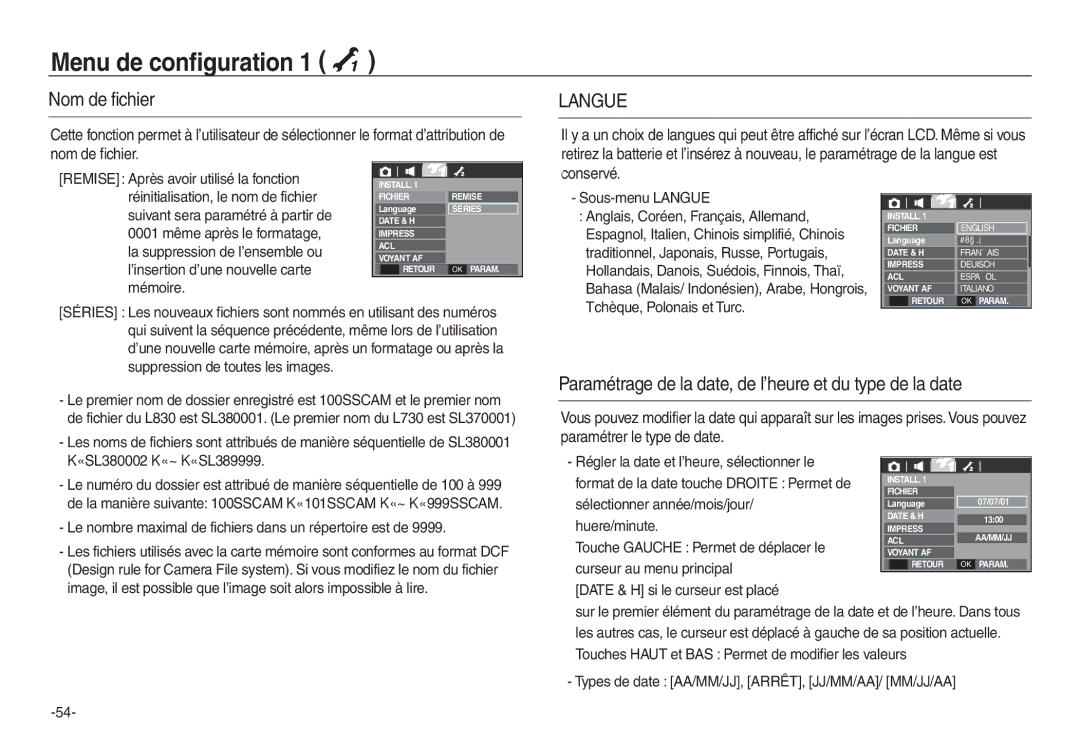 Samsung EC-L730B02KFR, EC-L830ZR01KFR manual Nom de fichier, Paramétrage de la date, de l’heure et du type de la date 