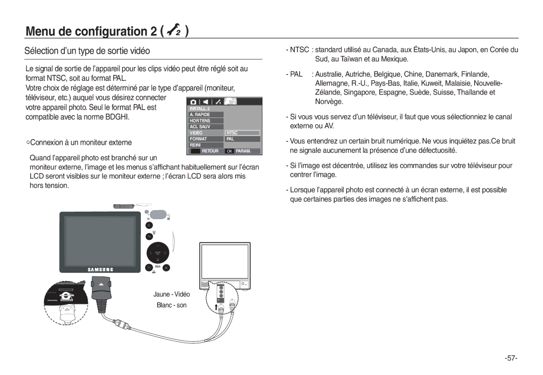 Samsung EC-L730ZRDA/E3, EC-L830ZR01KFR, EC-L830ZBBA/E1 Sélection d’un type de sortie vidéo, Format NTSC, soit au format PAL 