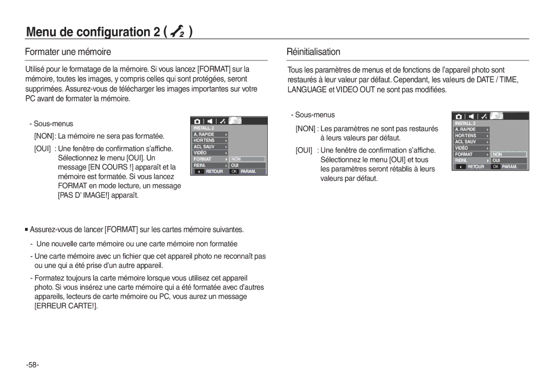 Samsung EC-L730ZRBA/E1, EC-L830ZR01KFR, EC-L830ZBBA/E1, EC-P83ZZSBA/FR, EC-L830ZRDA/E3 Formater une mémoire, Réinitialisation 