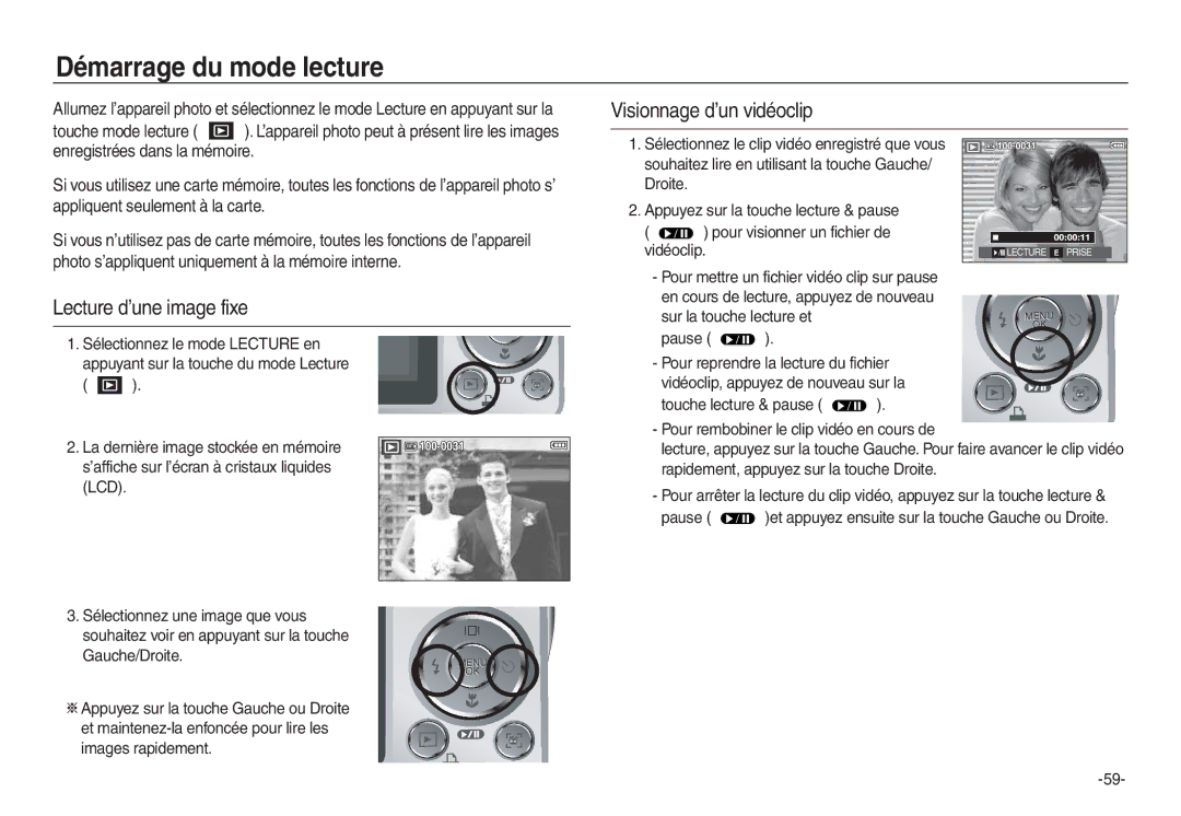 Samsung EC-L730ZBDA/E3, EC-L830ZR01KFR manual Démarrage du mode lecture, Visionnage d’un vidéoclip, Lecture d’une image fixe 