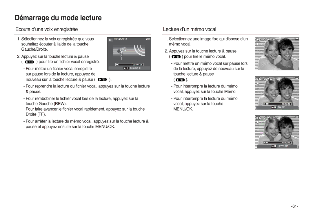 Samsung EC-L730ZBBA/E1 Ecoute d’une voix enregistrée Lecture d’un mémo vocal, Mémo vocal, Vocal, appuyez sur la touche 