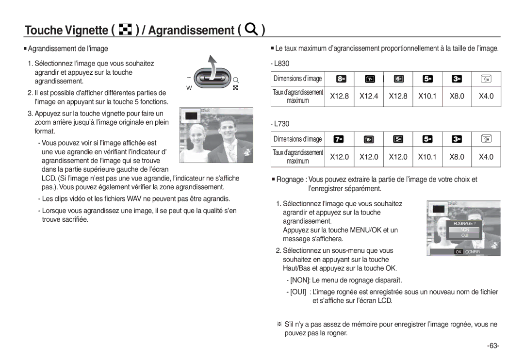 Samsung EC-L730ZSBA/E2, EC-L830ZR01KFR Touche Vignette / Agrandissement, Agrandissement de l’image, X12.8 X12.4 X10.1 X8.0 