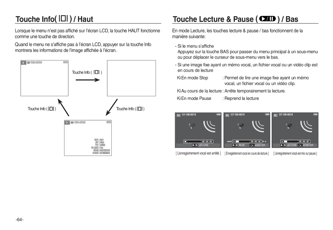 Samsung EC-L730ZSBA/E1, EC-L830ZR01KFR manual Touche Lecture & Pause / Bas, Vocal, un fichier vocal ou un vidéo clip 
