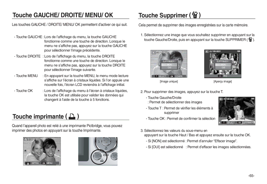 Samsung EC-L730R02KFR, EC-L830ZR01KFR, EC-L830ZBBA/E1 Touche GAUCHE/ DROITE/ MENU/ OK, Touche Supprimer, Touche imprimante 