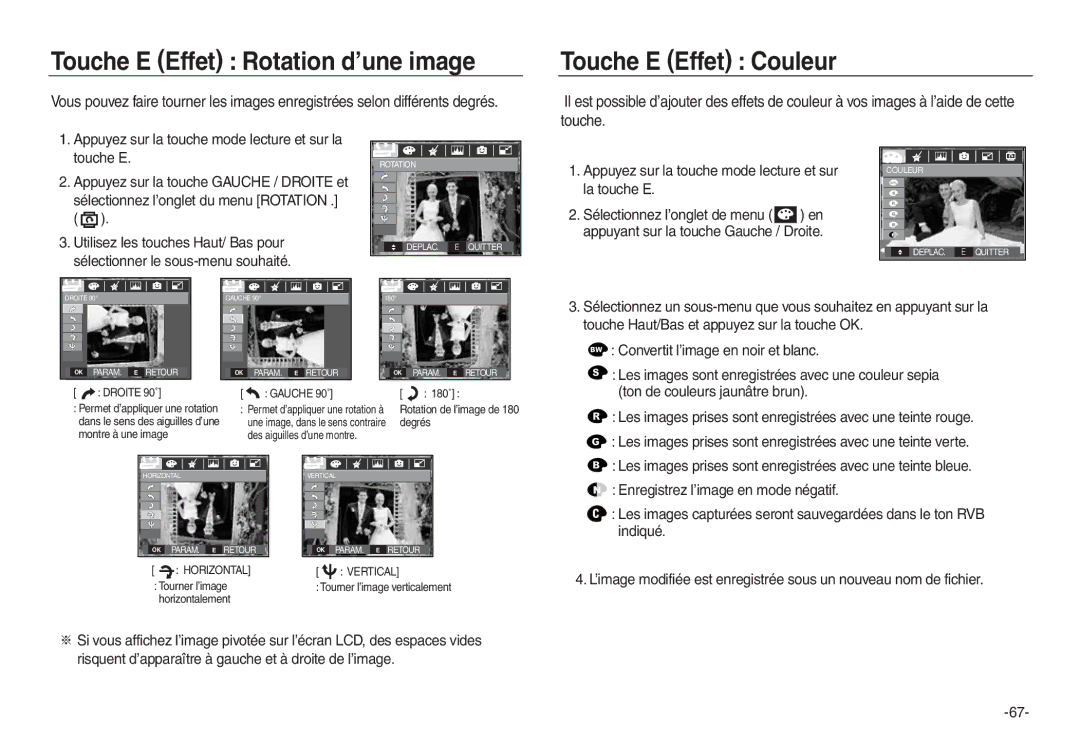 Samsung EC-L830ZBBA/E2 manual Touche E Effet Rotation d’une image, Touche E Effet Couleur, Ton de couleurs jaunâtre brun 