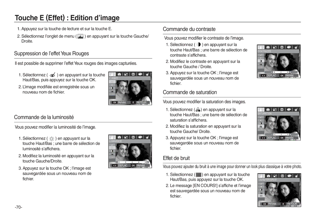 Samsung EC-P83ZZSBA/FR, EC-L830ZR01KFR, EC-L830ZBBA/E1, EC-L830ZRDA/E3, EC-L830ZRBA/E1 manual Touche E Effet Edition d’image 