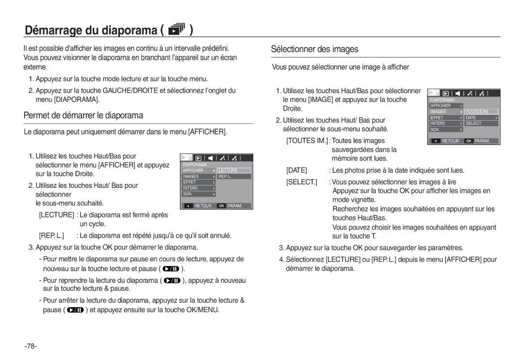 Samsung EC-L830ZSBA/E1 manual Démarrage du diaporama, Sélectionner des images, Permet de démarrer le diaporama, Select 