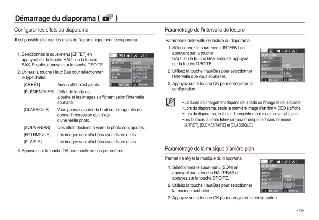 Samsung EC-L830ZSDA/E3, EC-L830ZR01KFR manual Configurer les effets du diaporama, Paramétrage de l’intervalle de lecture 