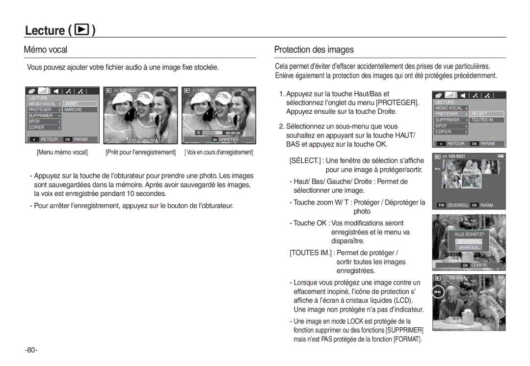 Samsung EC-L730ZRDA/E3, EC-L830ZR01KFR, EC-L830ZBBA/E1, EC-P83ZZSBA/FR manual Lecture, Mémo vocal, Protection des images 