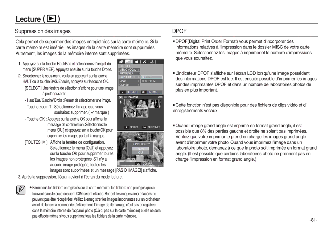 Samsung EC-L730ZRBA/E1 manual Suppression des images, Protéger/sortir, Toutes IM. Affiche la fenêtre de configuration 