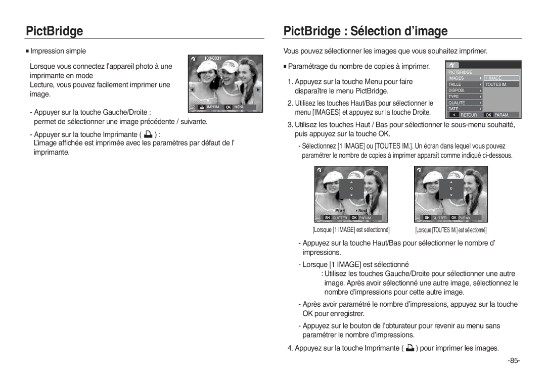 Samsung EC-L730ZRBA/E2 PictBridge Sélection d’image, Appuyez sur la touche Menu pour faire, Disparaître le menu PictBridge 