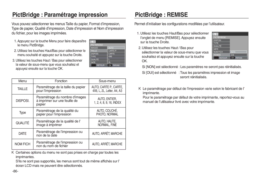 Samsung EC-L730ZSBA/E2, EC-L830ZR01KFR, EC-L830ZBBA/E1, EC-P83ZZSBA/FR PictBridge Paramétrage impression, PictBridge Remise 