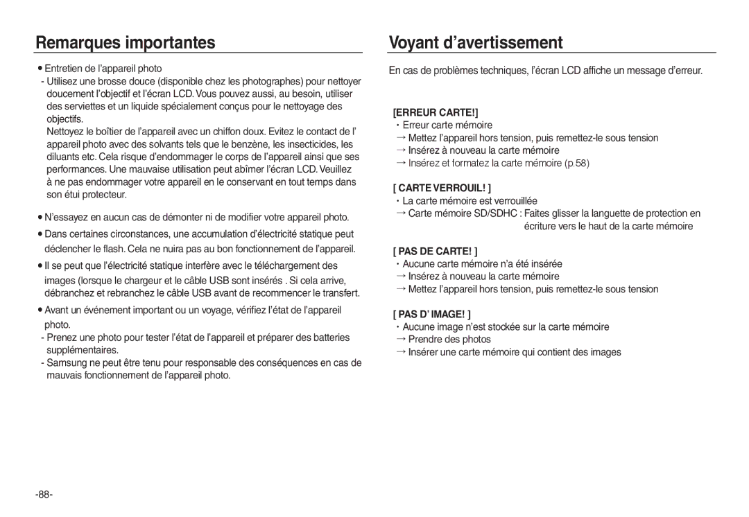 Samsung EC-L730R02KFR, EC-L830ZR01KFR, EC-L830ZBBA/E1 manual Voyant d’avertissement, ᆞLa carte mémoire est verrouillée 