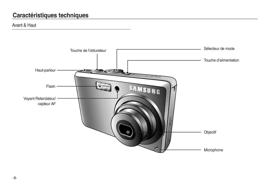 Samsung EC-L730B02KFR, EC-L830ZR01KFR Caractéristiques techniques, Avant & Haut, Touche de l’obturateur Haut-parleur Flash 