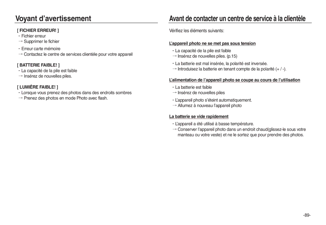 Samsung EC-L830ZSBA/E2, EC-L830ZR01KFR manual Vérifiez les éléments suivants, ᆞL’appareil a été utilisé à basse température 