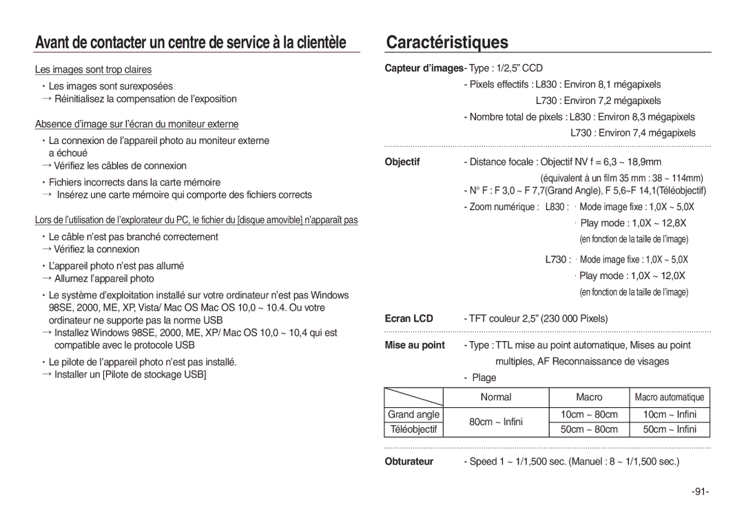 Samsung EC-L830ZR01KFR, EC-L830ZBBA/E1, EC-P83ZZSBA/FR, EC-L830ZRDA/E3, EC-L830ZRBA/E1, EC-L730ZSDA/E3 manual Caractéristiques 