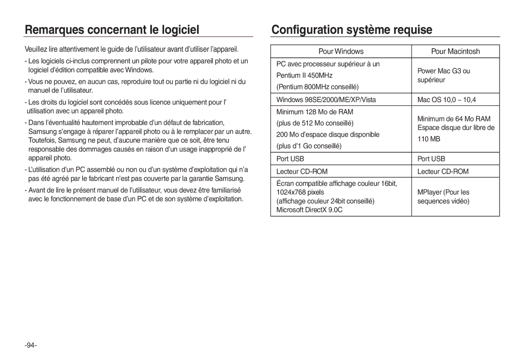 Samsung EC-L830ZRDA/E3 manual Remarques concernant le logiciel, Configuration système requise, Pour Windows Pour Macintosh 