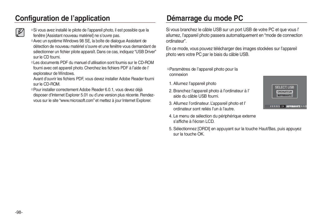 Samsung EC-L730ZBBA/E2, EC-L830ZR01KFR, EC-L830ZBBA/E1, EC-P83ZZSBA/FR, EC-L830ZRDA/E3, EC-L830ZRBA/E1 Démarrage du mode PC 