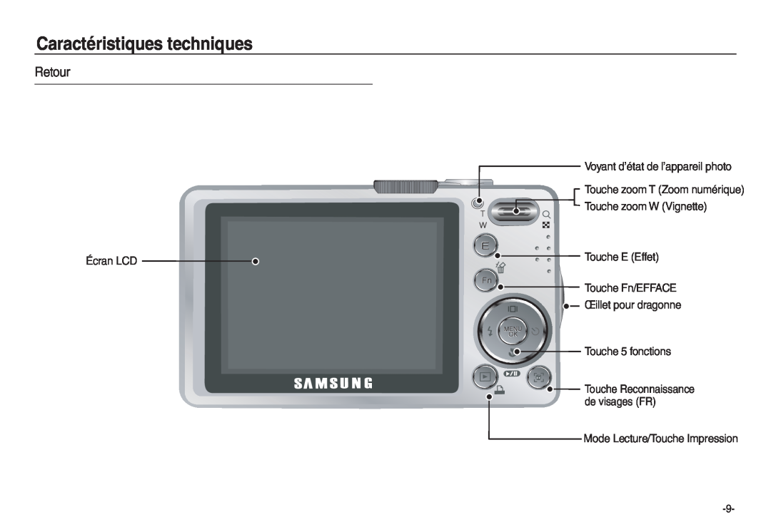 Samsung EC-L830ZSBA/E1 manual Retour, Caractéristiques techniques, Écran LCD, Touche zoom W Vignette Touche E Effet 
